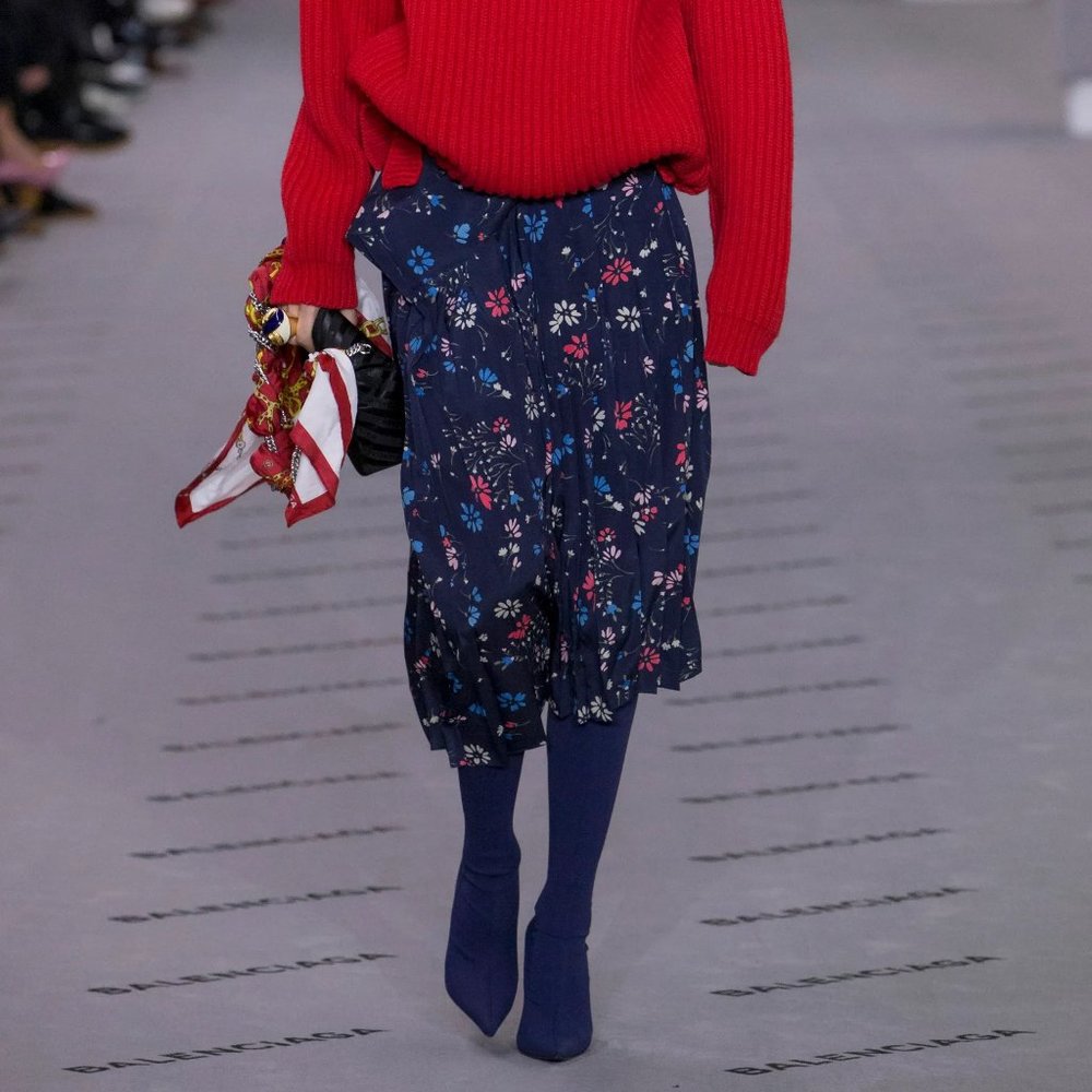 Balenciaga AW17 Asymmetrical Navy Floral Print Draped Front Pleated Midi Skirt